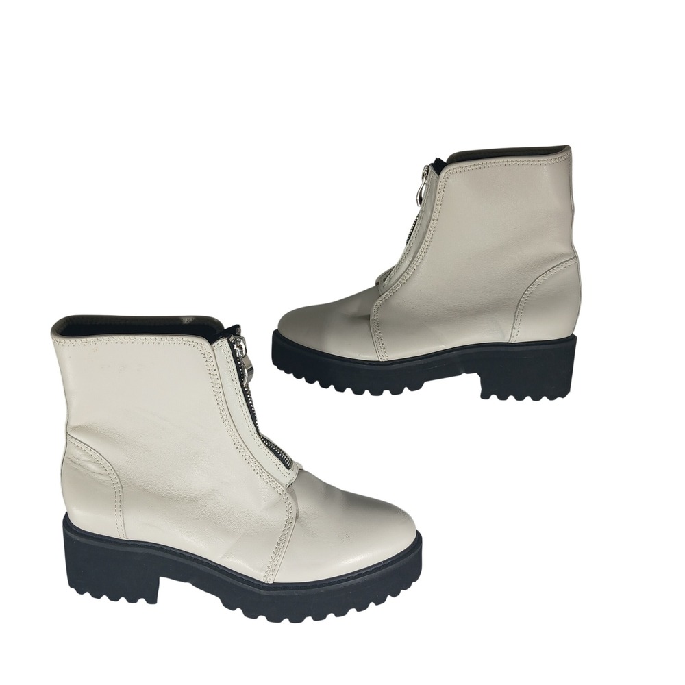 Front Zip Platform Boots 38 Cream Leather Lug Sole Edgy Grunge Goth Streetwear